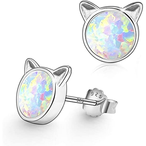 Girls Cat Stud Earrings Sterling Silver Hypoallergenic Earrings 18k Rose Gold/White Gold Dipped Create White Opal Studs Earring for Women 